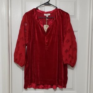 Red Umgee Velvet Blouse with Semi-Sheer Patterned 3/4 Length Sleeves. Size: XL